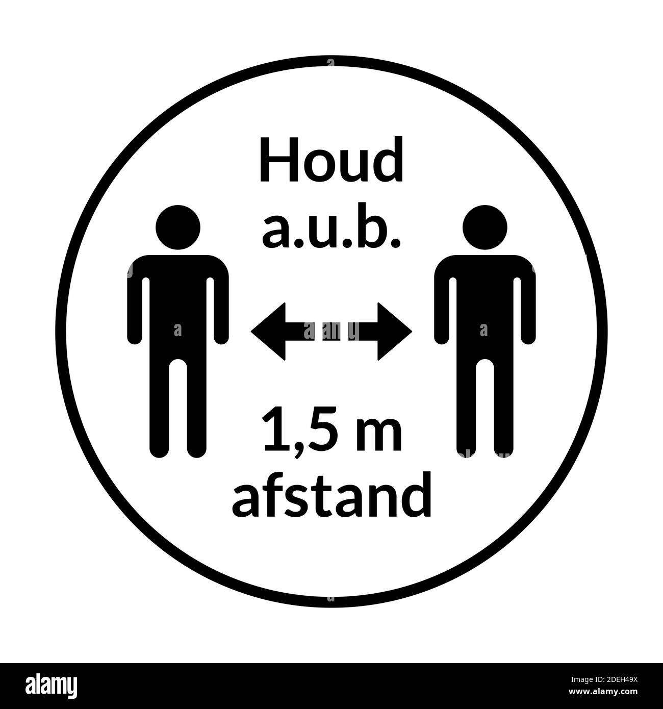 Houd a.u.b. 1,5 m afstand ('Please Keep a Distance of 1,5 Meters' in Dutch) Round Social Distancing Instruction Badge or Sticker Icon. Vector Image. Stock Vector