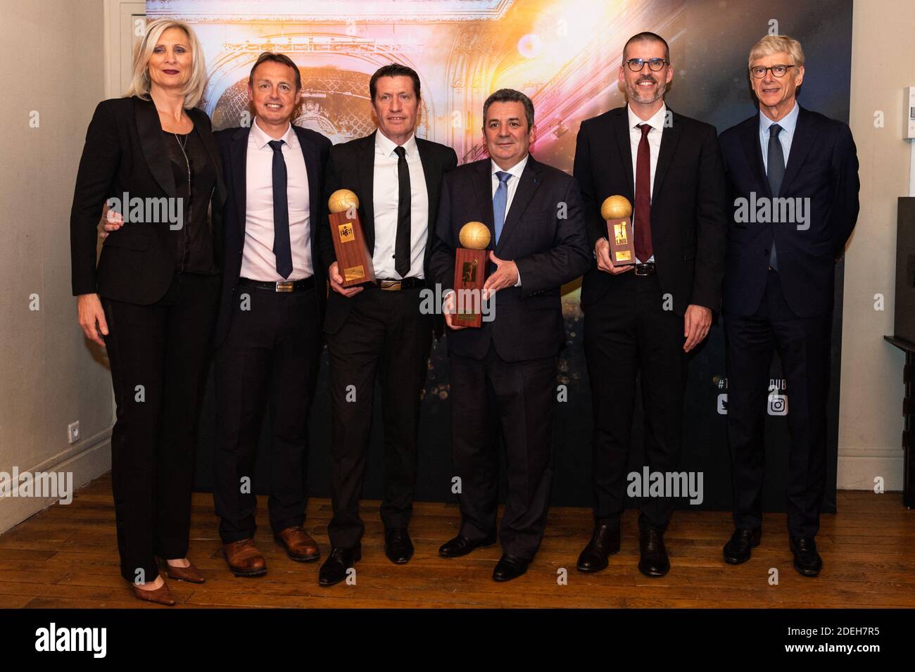 Valery Demory, his deputy Guy Prat, Pascal Donnadieu and Guillaume Vizade  are awarded the trophy for best coach of LFB, Pro B and Jeep Elite remitted  by Odile Santaniello (L.) and Arsene