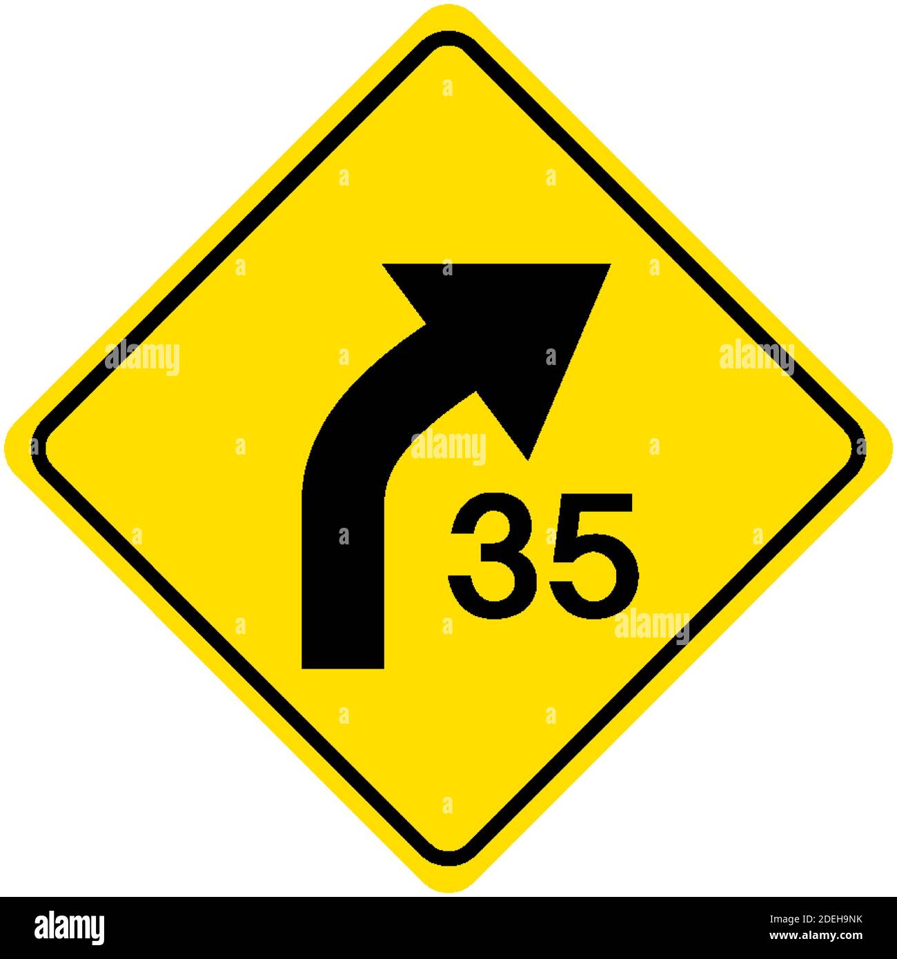 Curve with speed advisory traffic sign on white background illustration Stock Vector