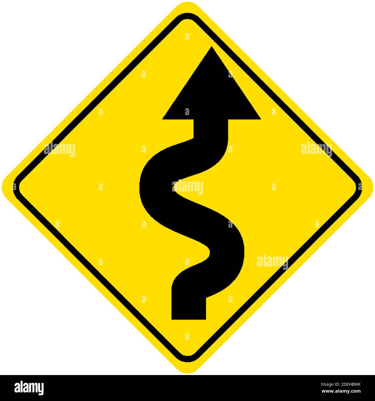 Winding road left ahead yellow sign on white background illustration ...