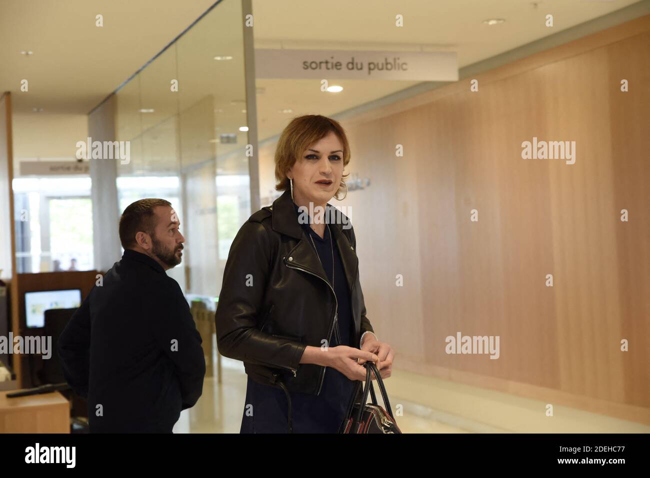 Julia Boyer arriving at the court in Paris, France, on May 22, 2019. Julia Boyer, a transgender woman assaulted in Paris, on April 4, 2019. French authorities are investigating an attack on a transgender woman who was assaulted and jeered at a demonstration at the Place de la Republique in central Paris, against Algerian president that sparked outrage on April 3, 2019, among activists and politicians. A video of the incident on Sunday, which has been viewed over 1.5 million times on Twitter, showed a group of protesters rounding on the woman as she came out of the metro onto Place de la Republ Stock Photo