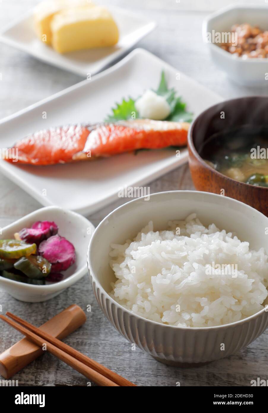 Ichi-ju San-sai (Rice, 1 Soup and 3 Side dishes), Japanese Breakfast Stock  Photo - Alamy