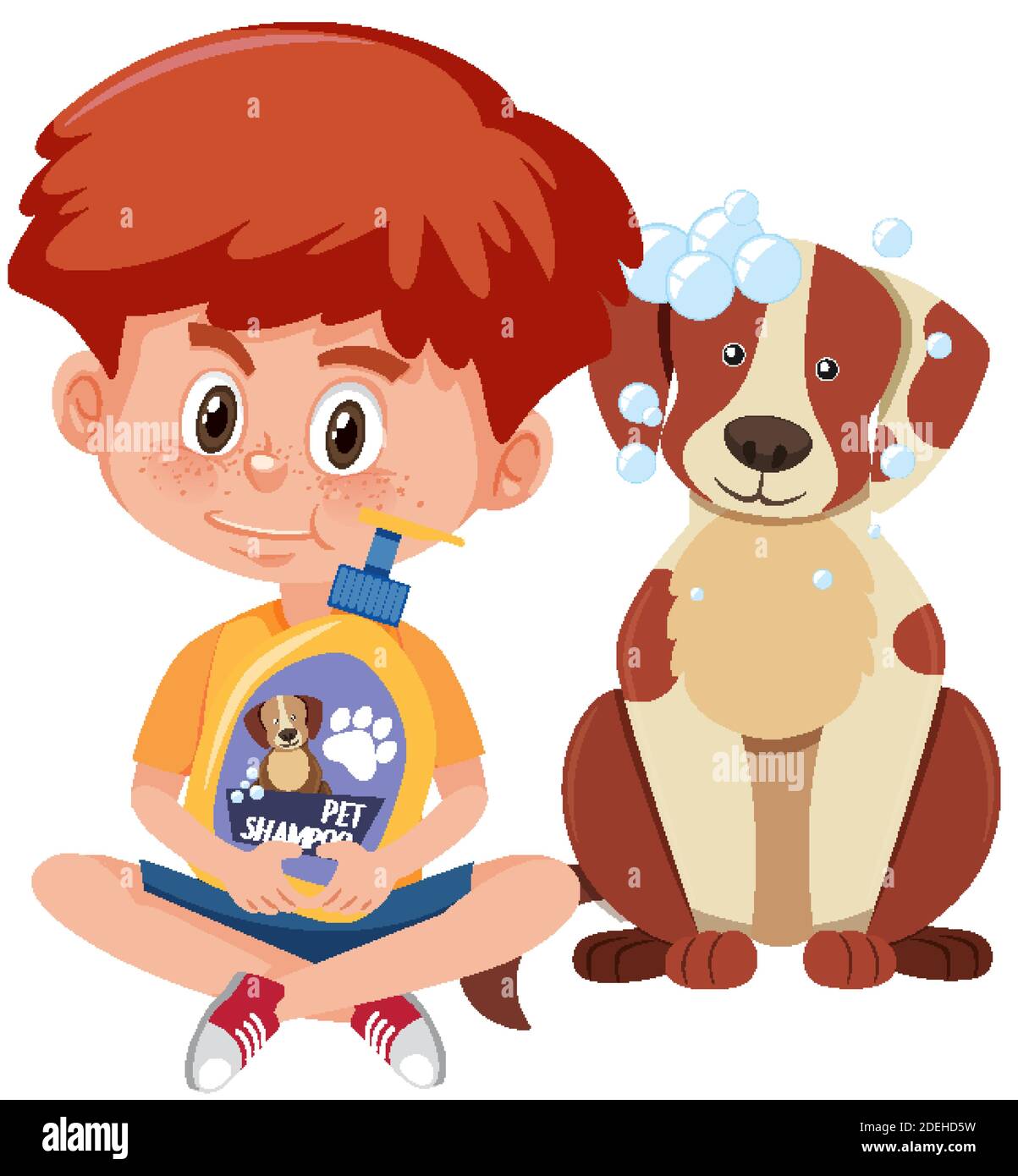 Boy holding dog shampoo product with cute dog on white background