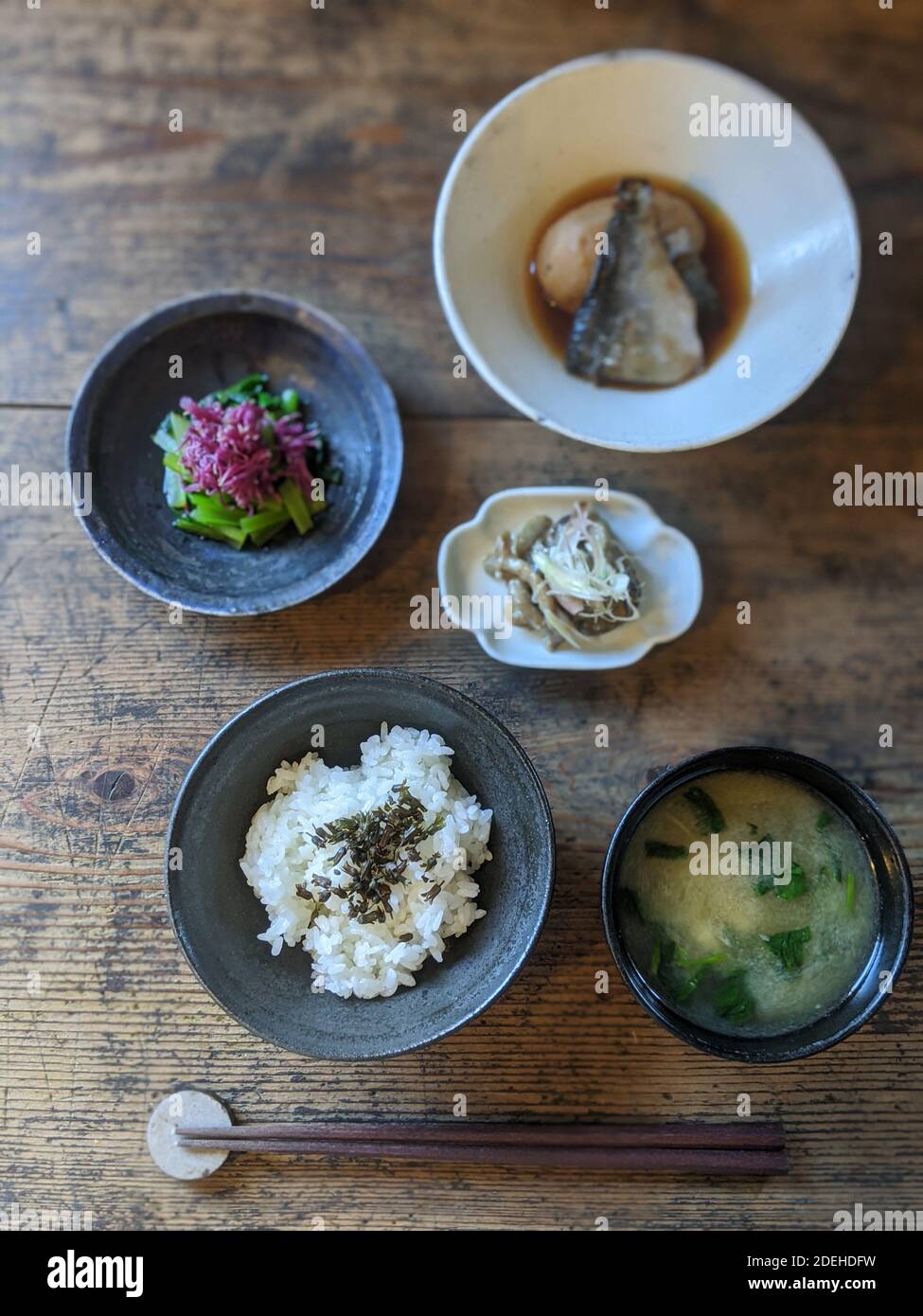 Ichi-ju San-sai (Rice, 1 Soup and 3 Side dishes) in Shonai, Yamagata Prefecture, Japan Stock Photo