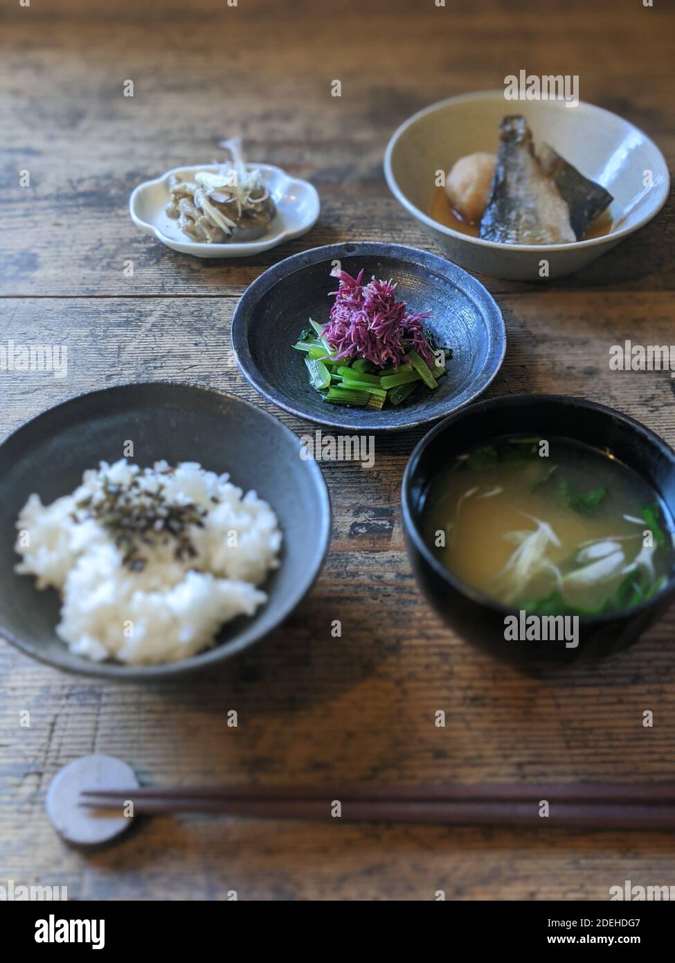 Ichi-ju San-sai (Rice, 1 Soup and 3 Side dishes) in Shonai, Yamagata Prefecture, Japan Stock Photo