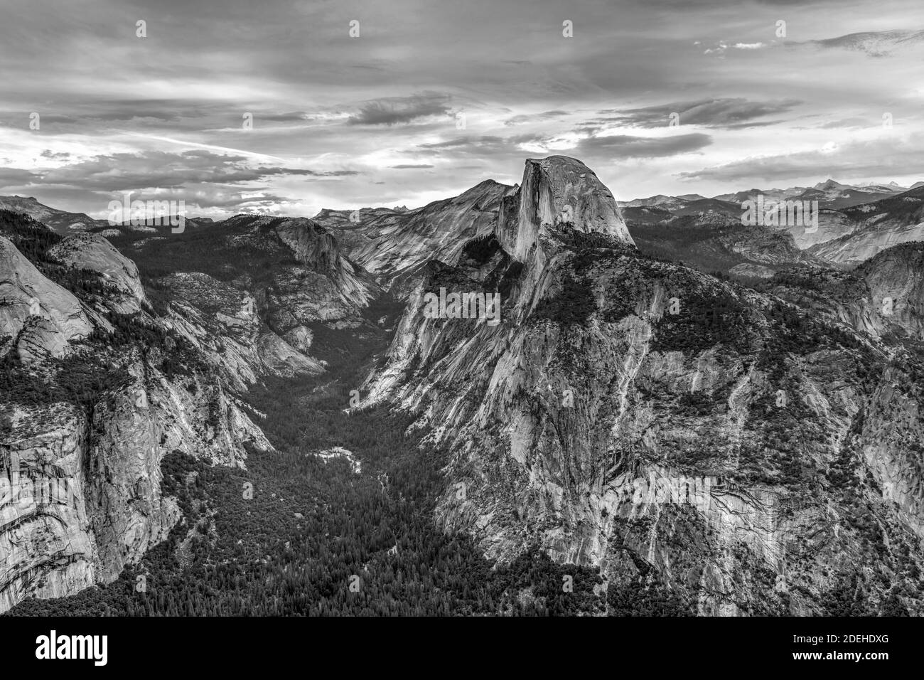 Glacier Point, an overlook with a commanding view of Yosemite Valley, Half Dome, Yosemite Falls, and Yosemite's high country. Stock Photo