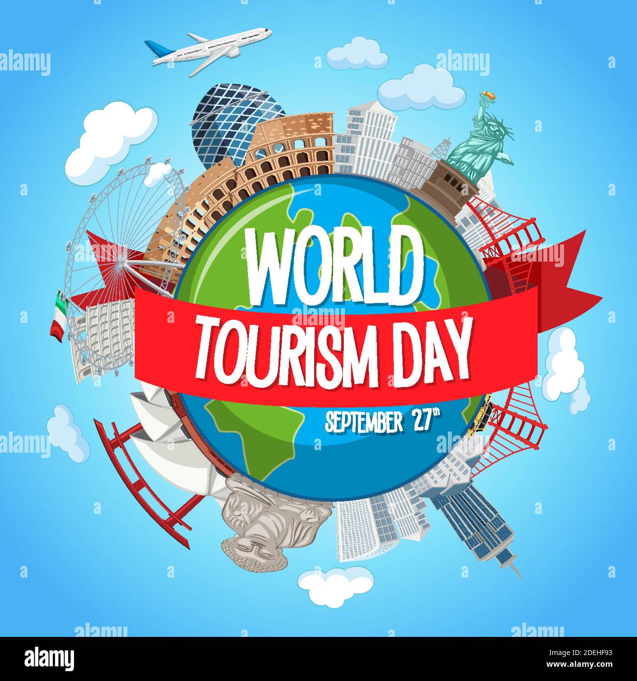 World tourism day logo with famous tourist landmarks elements