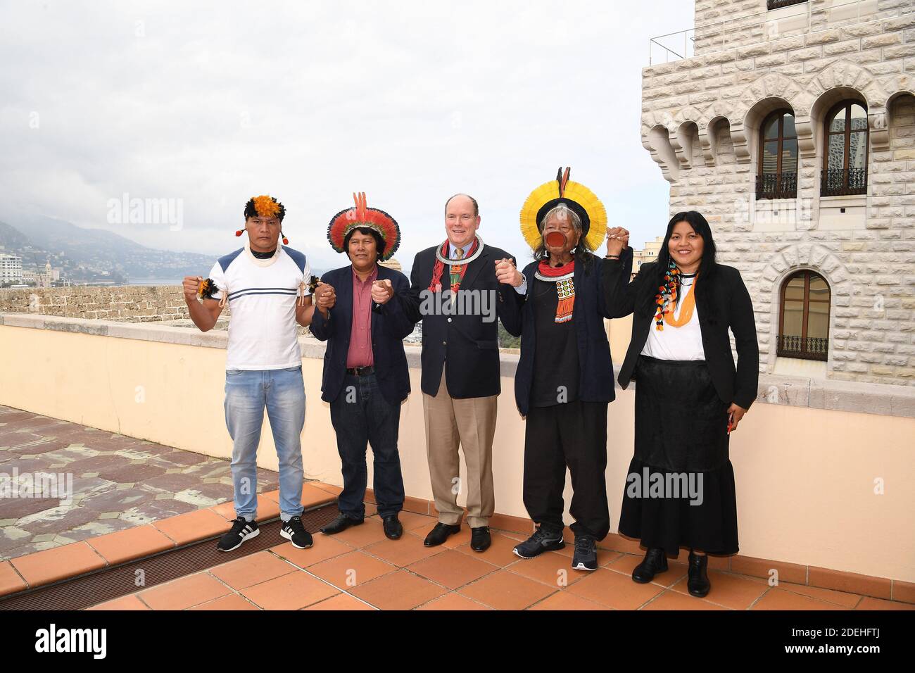 Prince Albert II of Monaco poses with Amazon rainforest and indigenous  culture Brazil's indigenous chief Raoni Metuktire, Chief Papy, Bemoro  Metuktire and Kalutu Kamakura after a working meeting at Royal Palace of