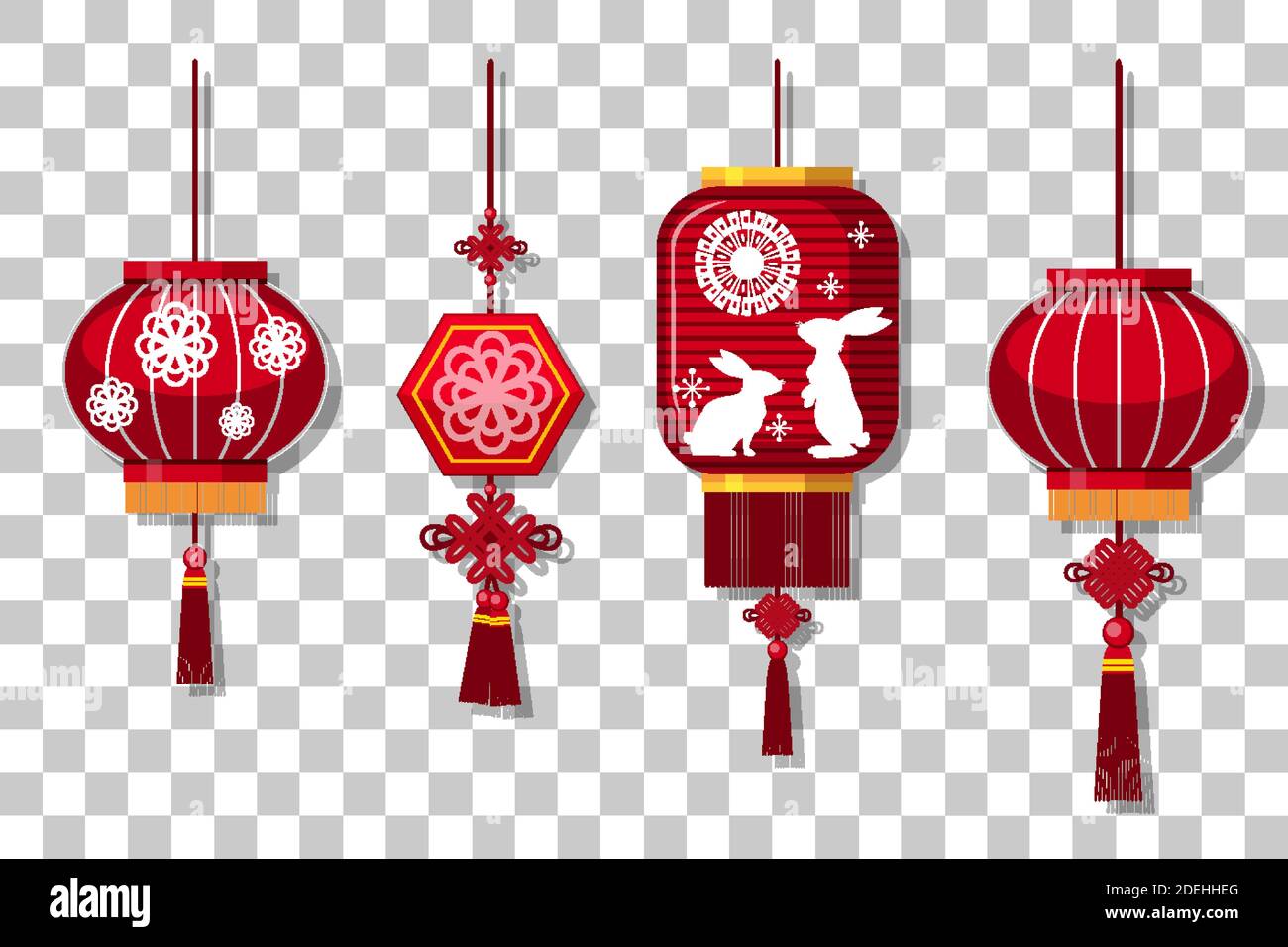 Set of chinese lantern hanging isolated on transparent background illustration Stock Vector