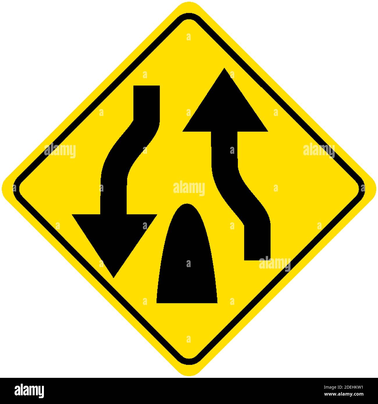 Warning sign for the end of a divided road on white background illustration Stock Vector