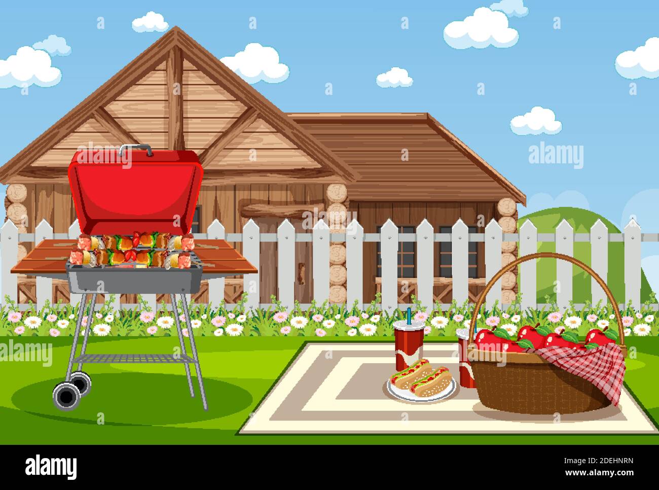 Picnic scene with food on the table and BBQ grill in the garden ...