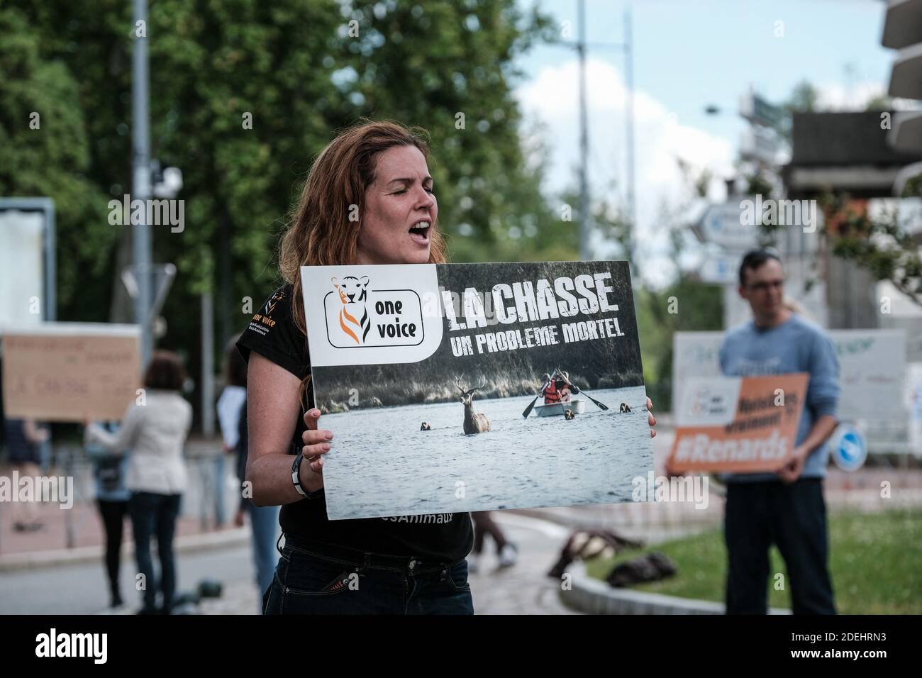 Placard 'Hunting, a deadly problem' (La chasse, un problème mortel). Protesters from the association for the defense of the animal cause 'One voice' disrupted the Regional Hunters Fair in Toulouse, southern France on May 25, 2019. Photo by Patrick Batard/ABACAPRESS.COM Stock Photo
