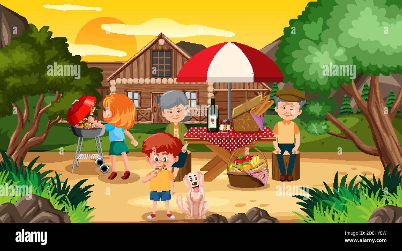 Picnic scene with happy family in the garden illustration Stock Vector ...