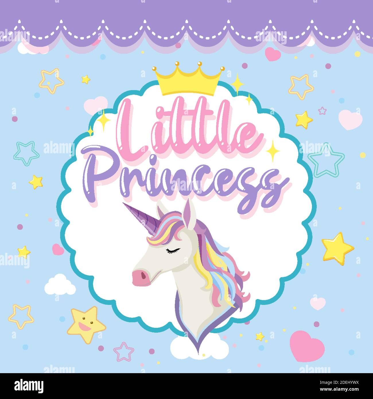 Little princess logo with cute unicorn head on blue background ...