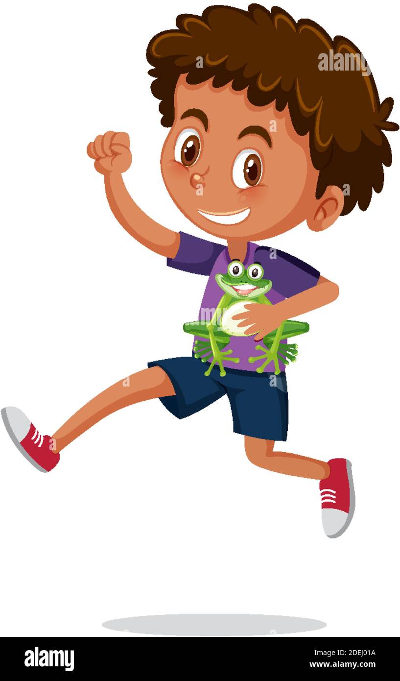 Boy holding cute animal cartoon character isolated on white background ...