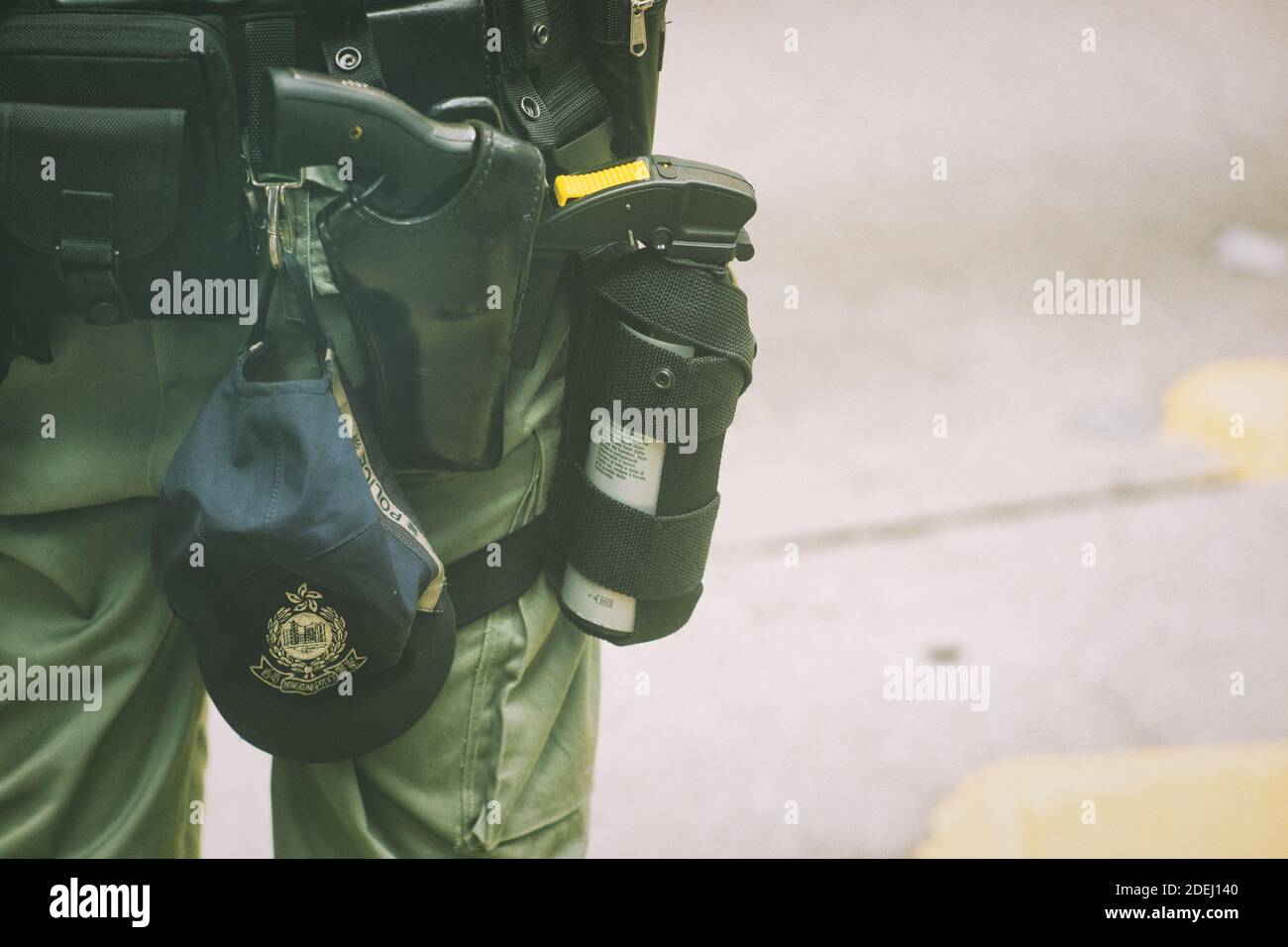 Hong Kong, 27 May 2020, Hong Kong police equiped with gun and pepper spray as crowd control equipments. Stock Photo