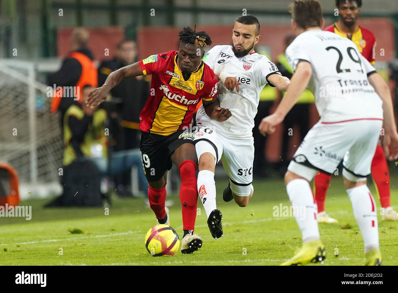 Arial Mendy of Lens and Naim Sliti of DIjon during the French L1-L2 first leg play-off football match between Racing Club of Lens (L2) and Dijon Football Cote-d'Or (L1) at the Bollaert-Delelis stadium on May 30, 2019 in Lens, France. Photo by Sylvain Lefevre/ABACAPRESS.COM Stock Photo