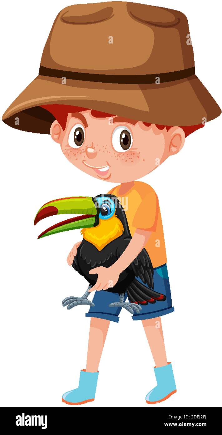 Boy holding cute animal cartoon character isolated on white background ...