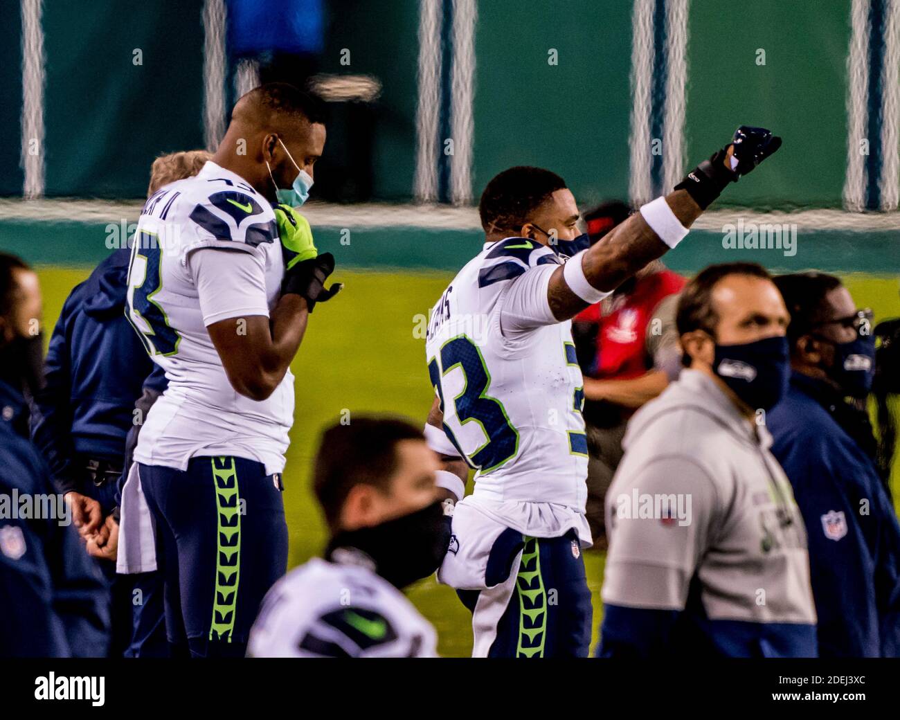 Philadelphia, PA, USA. 30th Nov, 2020. November 30, 2020: Seattle strong safety Jamal Adams raises a fist during the National Anthem before the NFL football matchup between the Seattle Seahawks and the Philadelphia Eagles at Lincoln Financial Field in Philadelphia, Pennsylvania. Scott Serio/Cal Sport Media/Alamy Live News Stock Photo