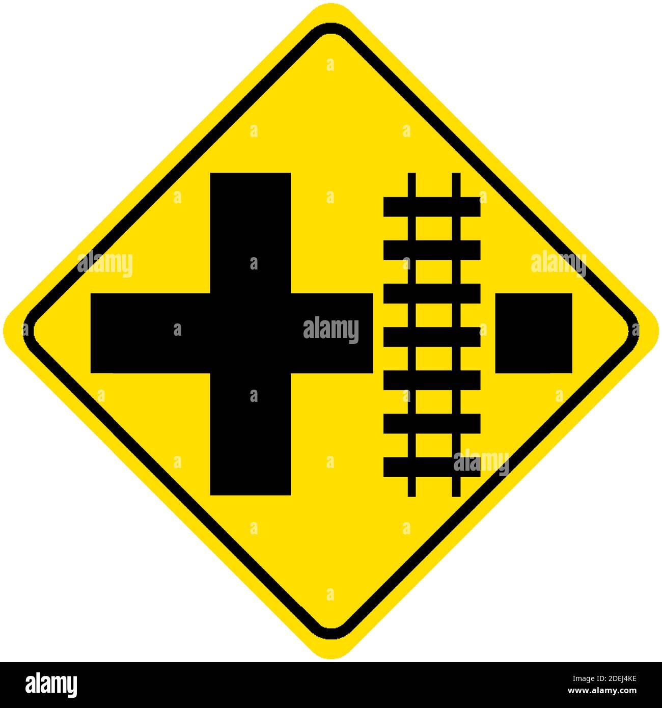 Highway rail crossing on side road to right yellow sign on white background illustration Stock Vector