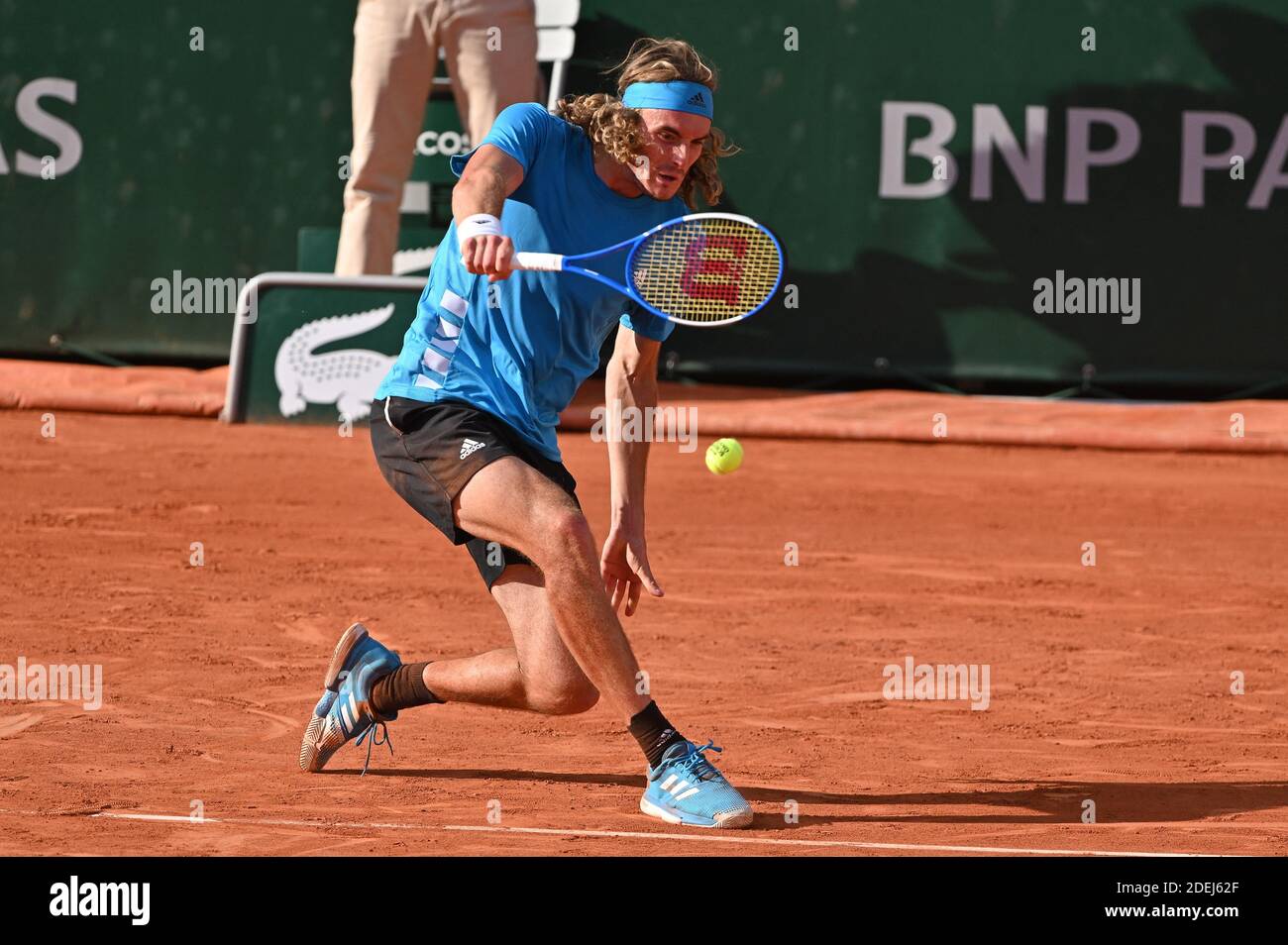 Stefanos Tsitsipas of Greece in action against Stan Wawrinka of Switzerland  during day 8 of the 2019 French Open at Roland Garros stadium on June 2,  2019 in Paris, France. Photo by