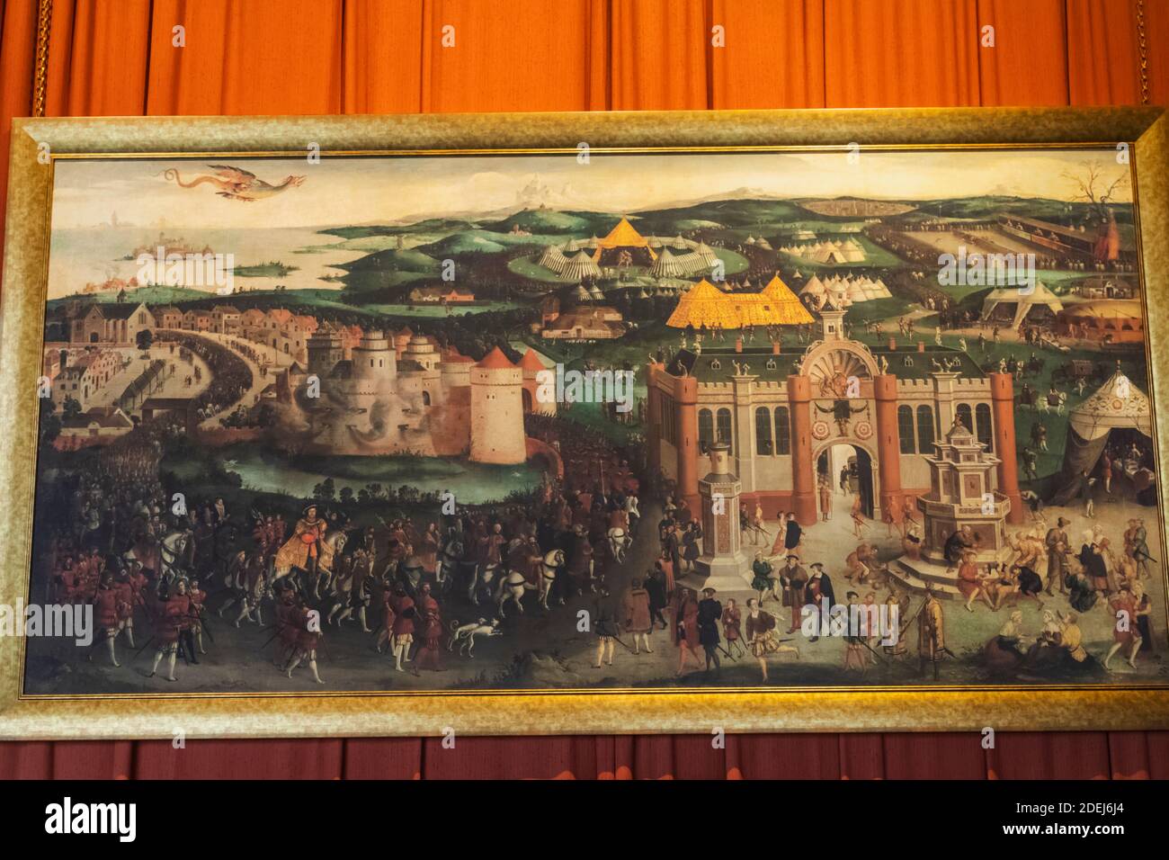 England, Kent, Leeds Castle, Painting of The Field of Cloth of Gold showing The Summit Meeting Between Henry VIII and Francis I of France in Ballinghe Stock Photo