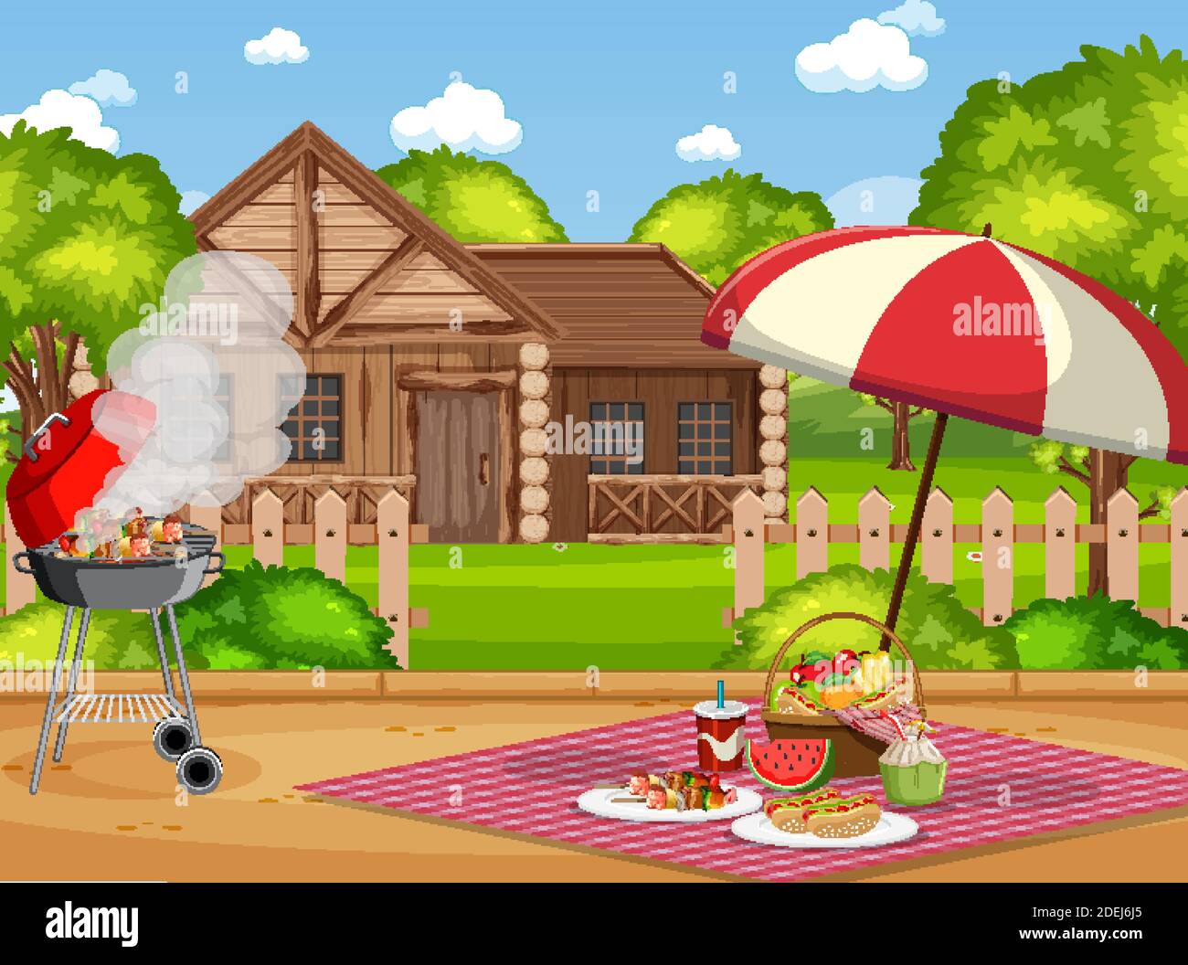 Picnic scene with food on the table and BBQ grill in the garden ...