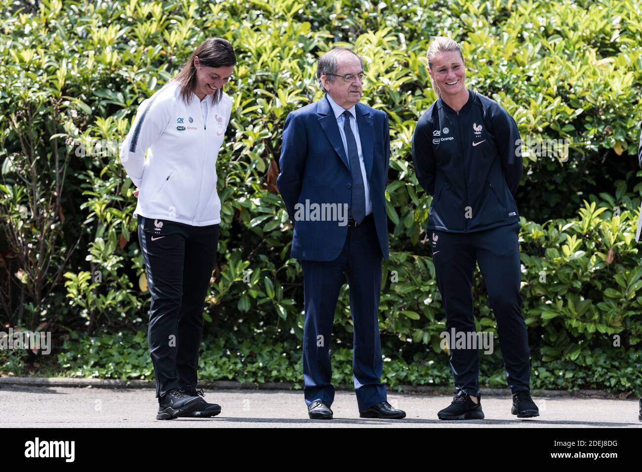 Corinne Diacre, Head coach of French Women Football Team, Noel Le Graet,  President of French Football Federation and Amandine Henry, team captain,  during the visit of President Emmanuel Macron and his wife