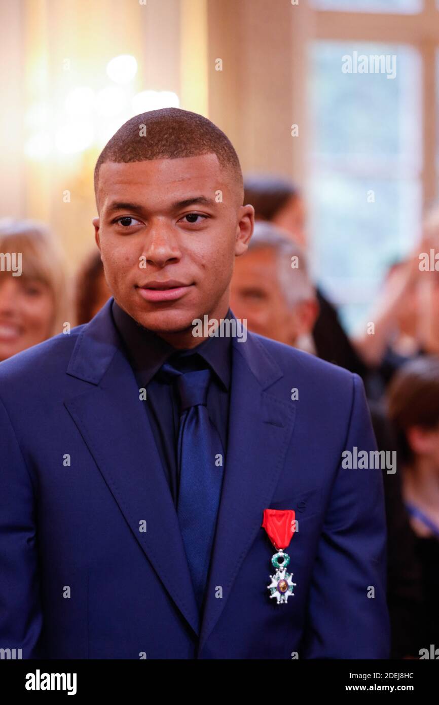 France s forward kylian mbappe during a ceremony to award french 2018