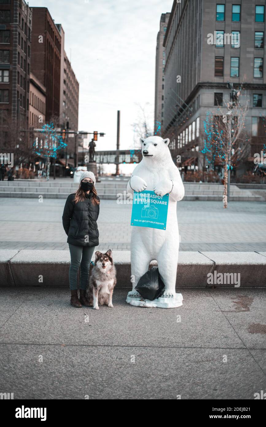 Winter Fest Polar Bear in Cleveland Ohio public square 2020 Stock Photo