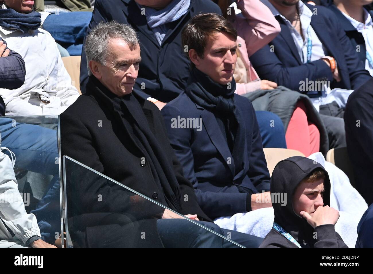 LVMH CEO Bernard Arnault and his son attend the men's final match of the  French Open, played at the Roland Garros stadium in Paris, France, on June  8, 2008. Spain's Nadal won