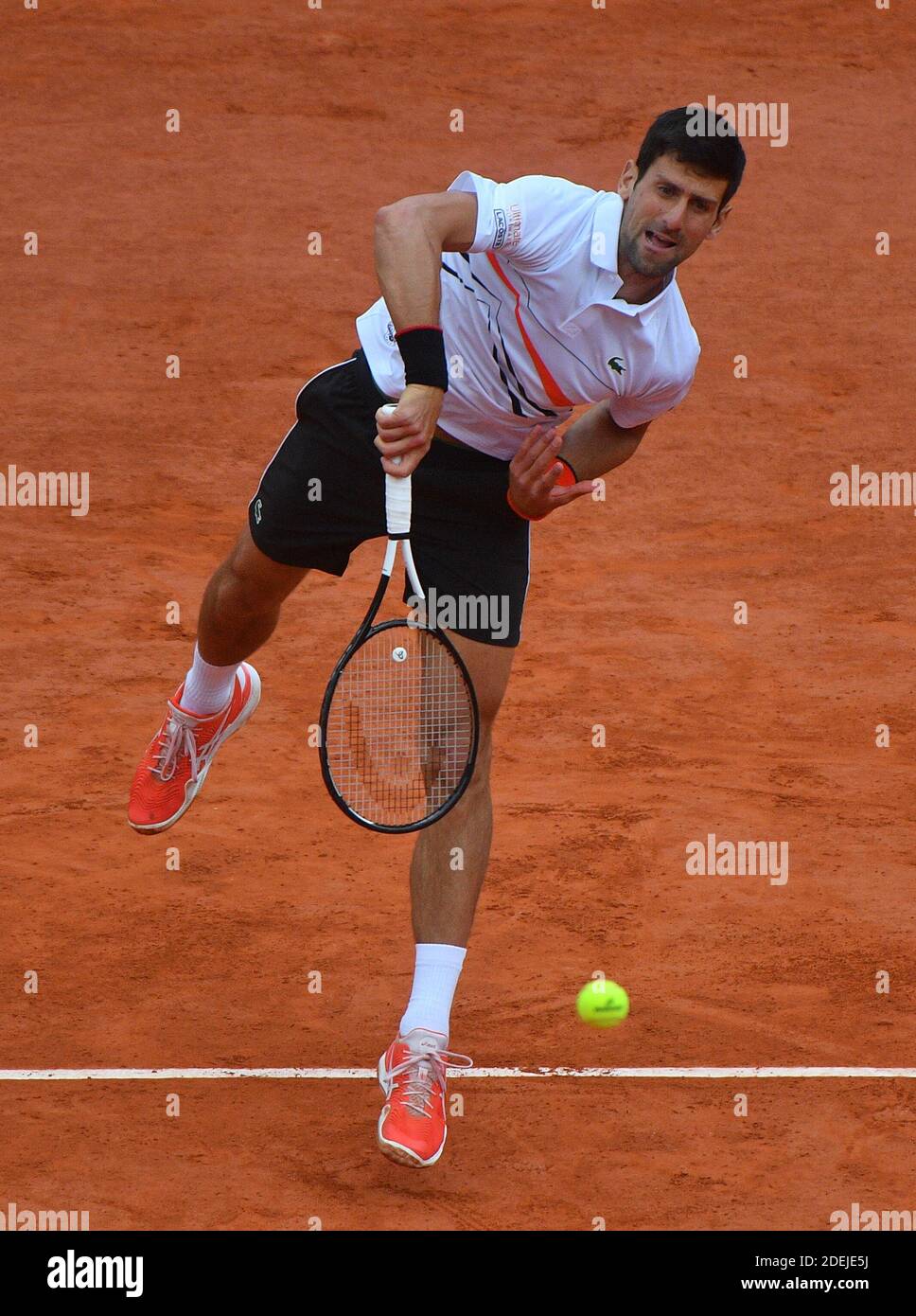 Novak Djokovic of Serbia during his mens singles semi-final match against  Dominic Thiem of Austria during Day fourteen of the 2019 French Open at Roland  Garros on June 08, 2019 in Paris,