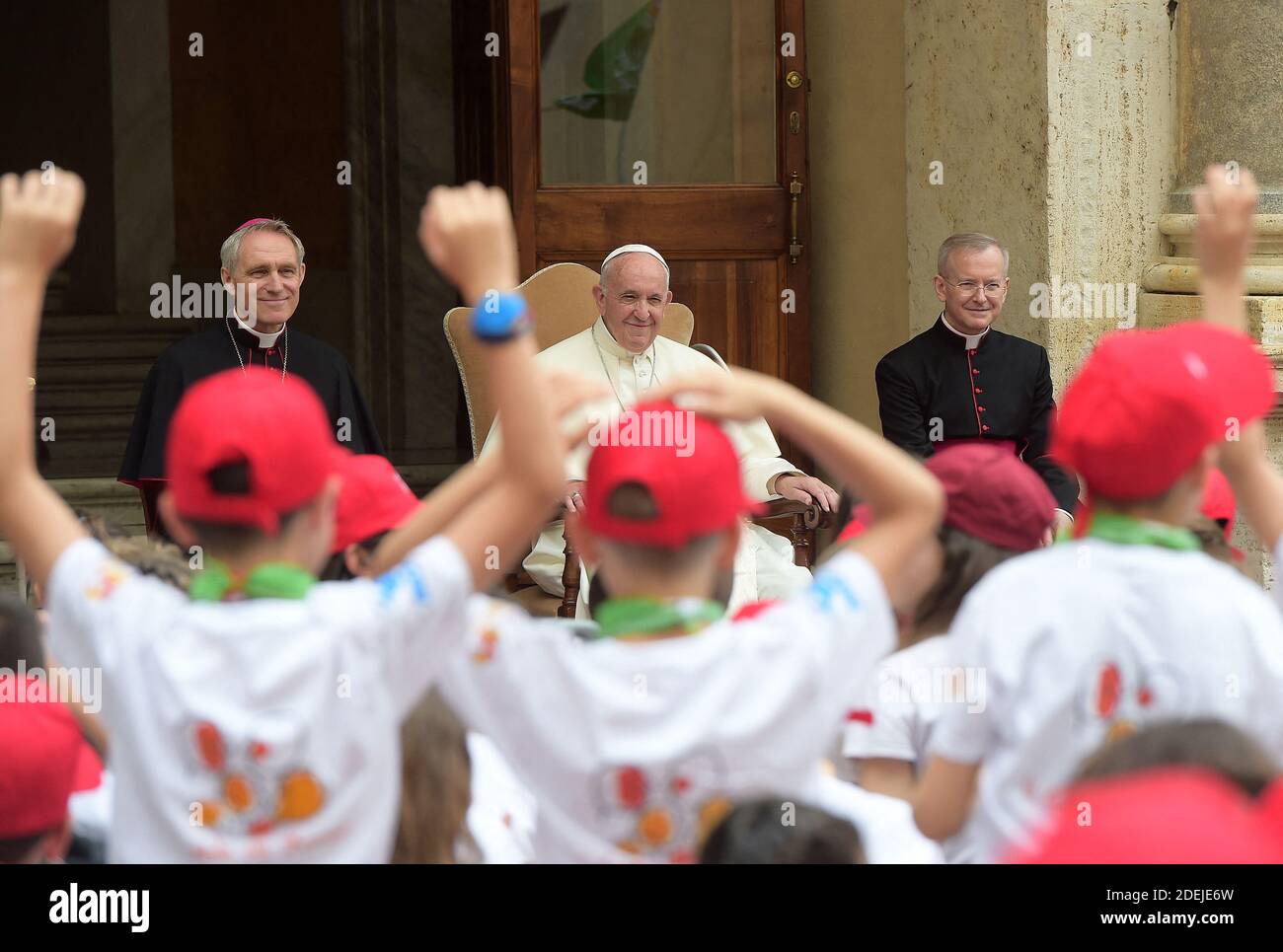 Pope Francis meets the children of the 'Treno dei Bambini' programme (Children's Train) on June 8, 2019 at the Vatican. The children came on a train to the Vatican. For this 7th edition Pope Francis met 400 children from different religions who were affected by the collapse of the Genoa bridge and floods in Sardinia in 2018. In meeting the children dressed in red caps of the Italian Railways Pope Francis did not deliver a prepared speech but fielded questions from his young guests. Photo by Eric Vandeville/ABACAPRESS.COM Stock Photo