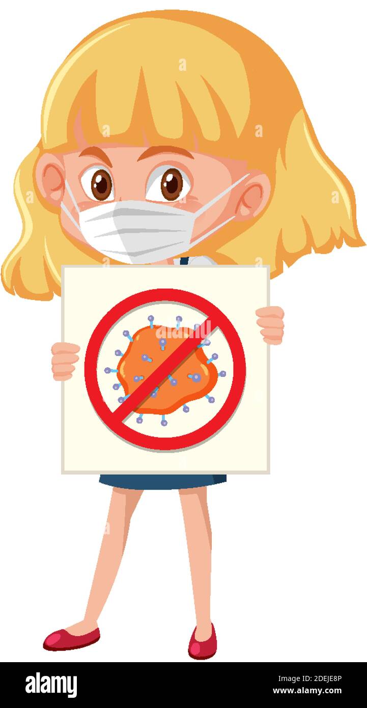 Girl wearing mask and holding stop coronavirus sign illustration Stock ...