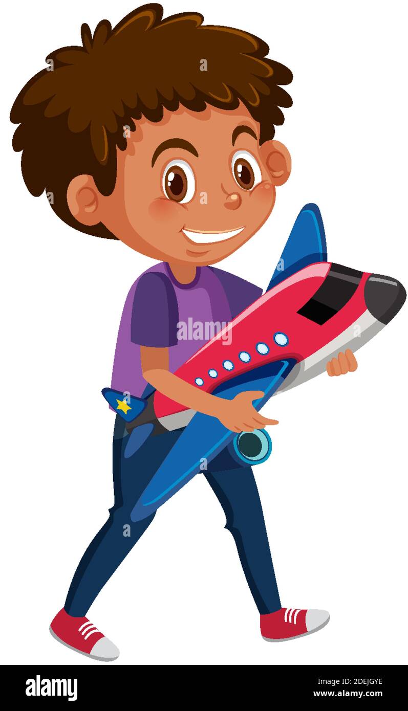 Boy holding airplane toy cartoon character isolated on white background ...