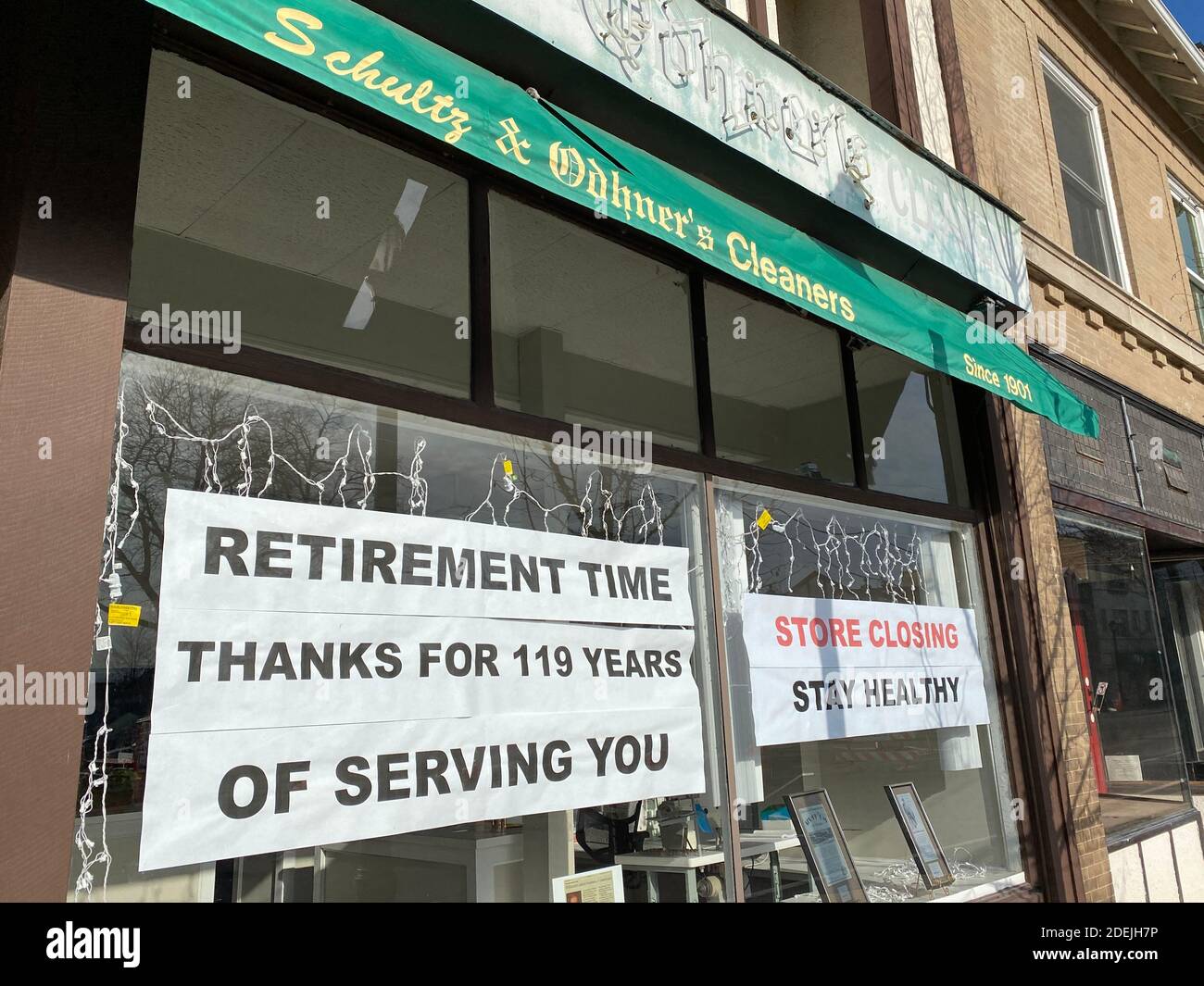 Schultz & Odhner's Dry Cleaners going out of business after 119 years - another business casualty of the pandemic. Stock Photo
