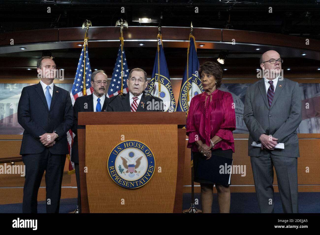 Contempt Vote Press Conference in Washington. Democrats escalate their fight with the Trump administration. Intelligence Committee Chairman Adam Schiff (Democrat of California), Foreign Affairs Committee Chairman Eliot Engel (Democrat of New York), House Judiciary Committee Chairman Jerrold Nadler (Democrat of New York), Financial Services Committee Chairwoman Maxine Waters (Democrat of California), and Rules Committee Chairman Jim McGovern (Democrat of Massachussetts) attend a press conference on Capitol Hill in Washington DC, USA, on June 11, 2019. The press conference followed a House vote, Stock Photo
