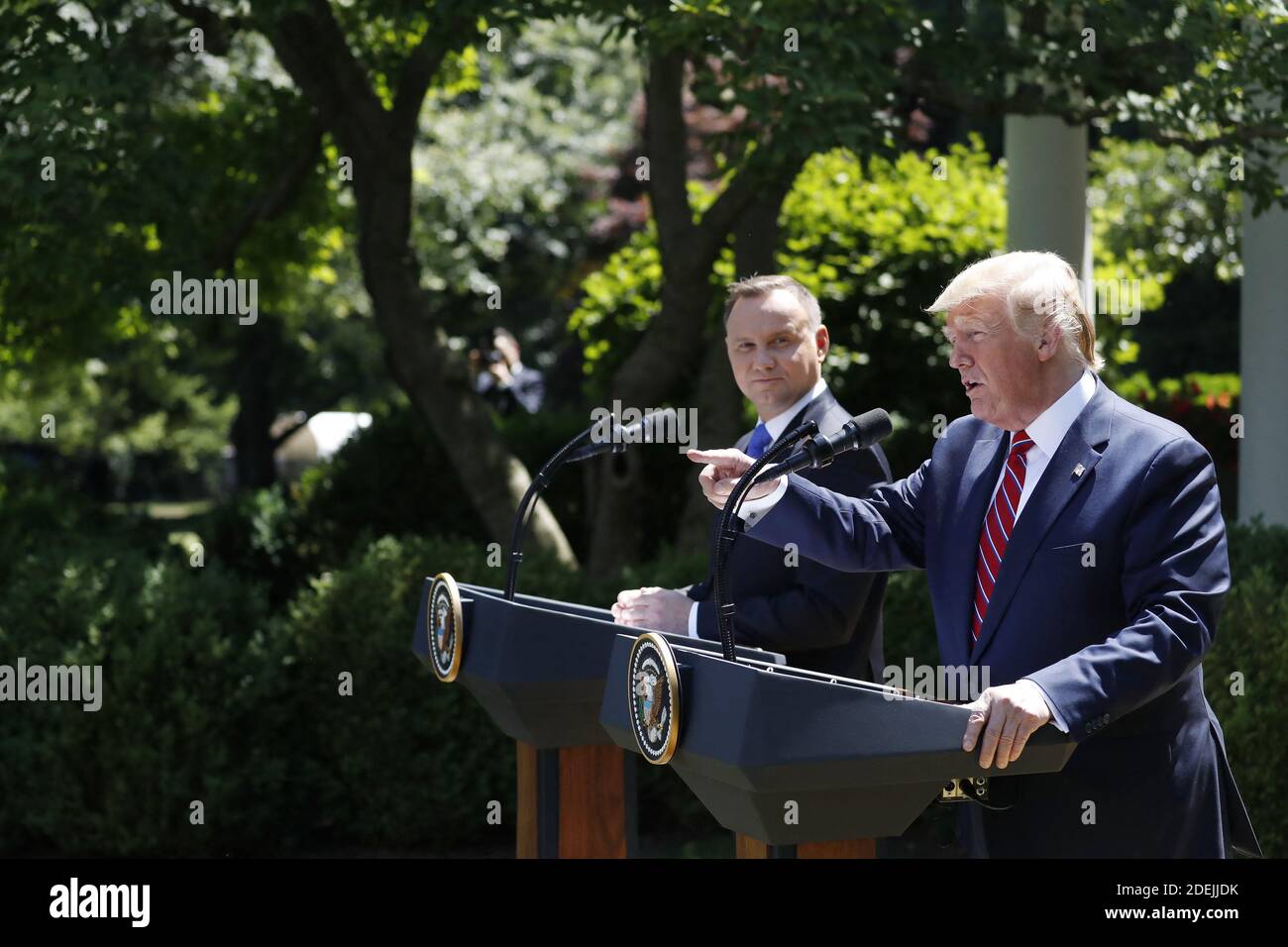 US President Donald J. Trump (R) with Polish President Andrzej Duda (L ...