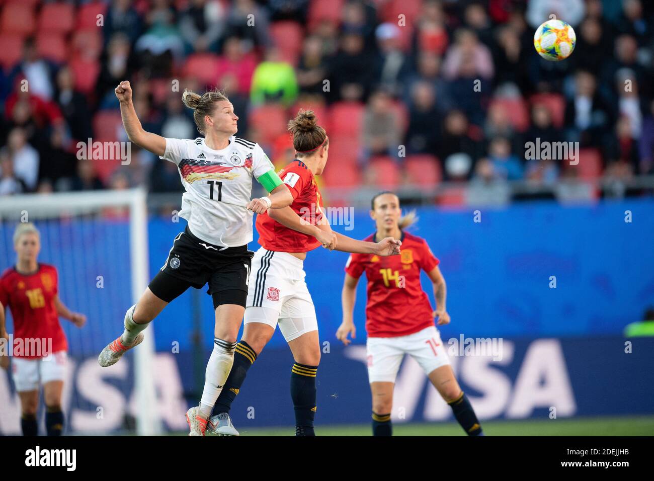 Alexandra Popp of Germany and Alexia Putellas of Spain in action during the 2019 FIFA Women's World Cup France group B match between Germany v Spain at the Stade du Hainaut on June 12, 2019 in Valenciennes France.Photo by David Niviere/ABACAPRESS.COM Stock Photo
