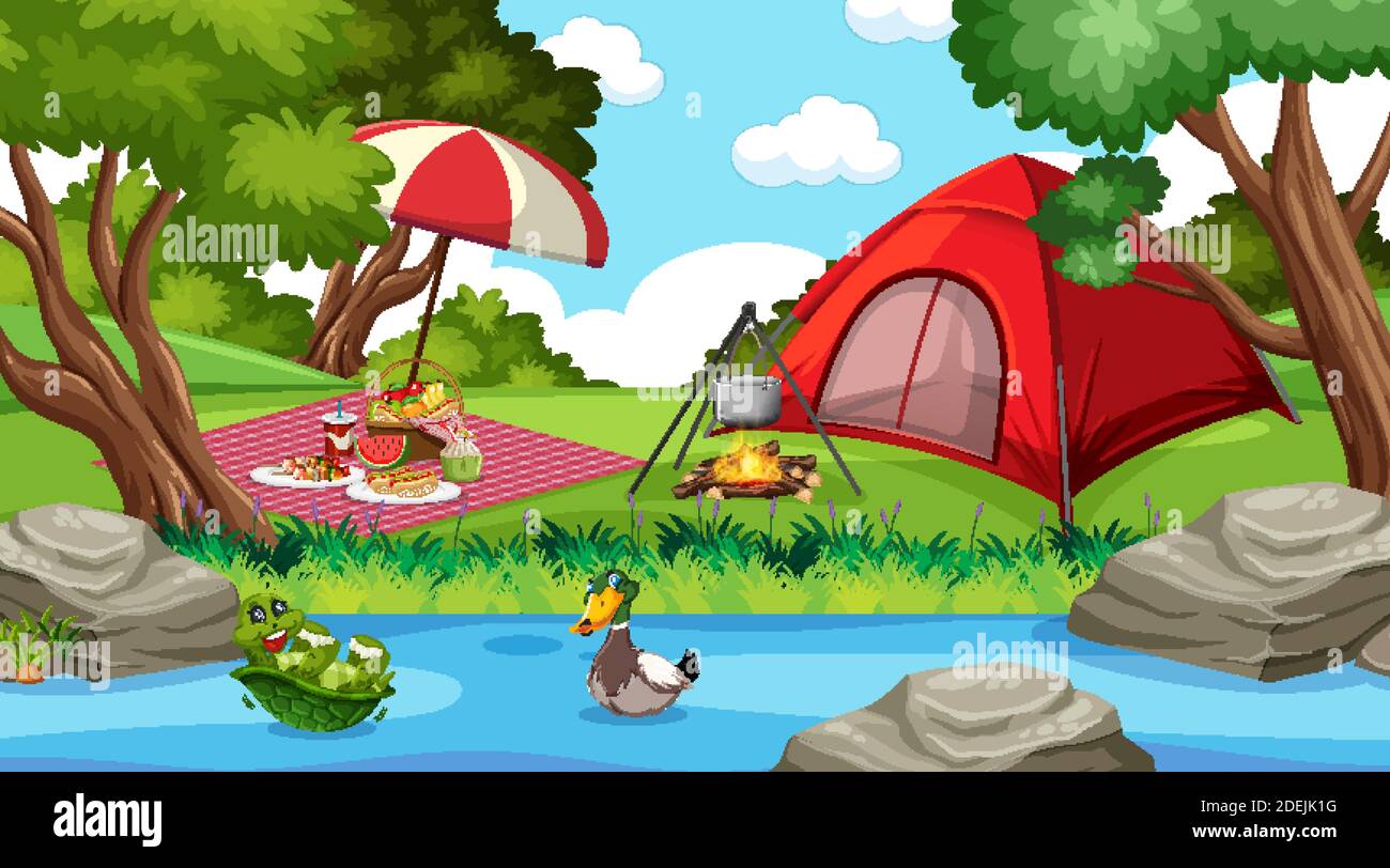Camping or picnic in the nature park at daytime scene illustration ...