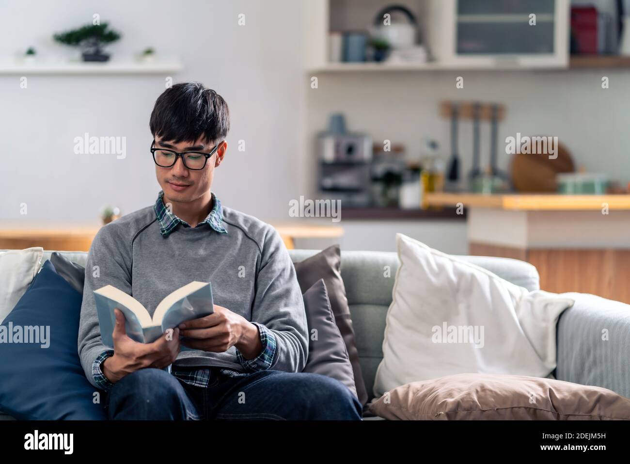Happy asian young adult man sitting on sofa at living room reading fiction book. Domestic life relax at home. Stock Photo