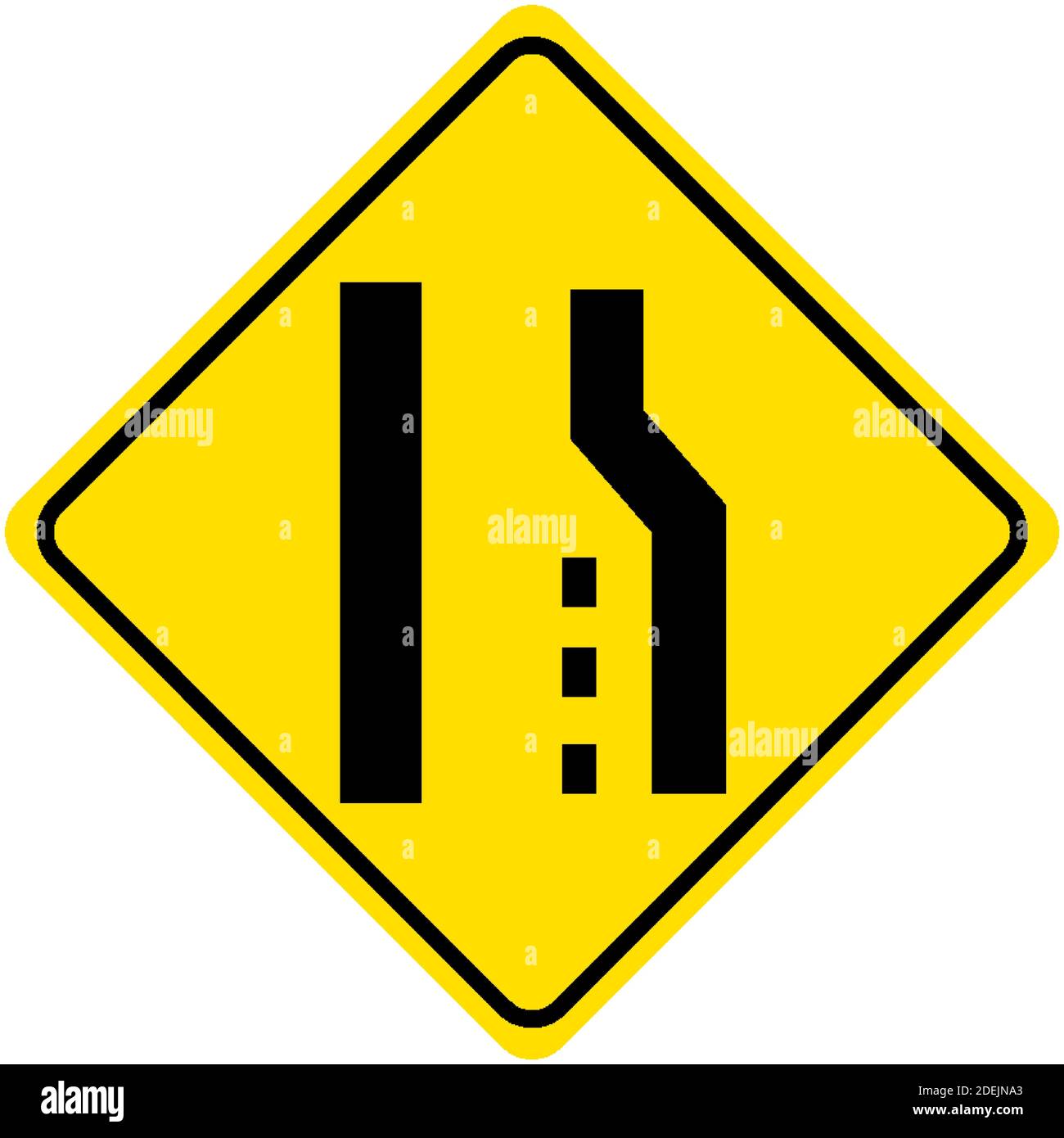 Lane reduction right lane ends yellow sign on white background illustration Stock Vector