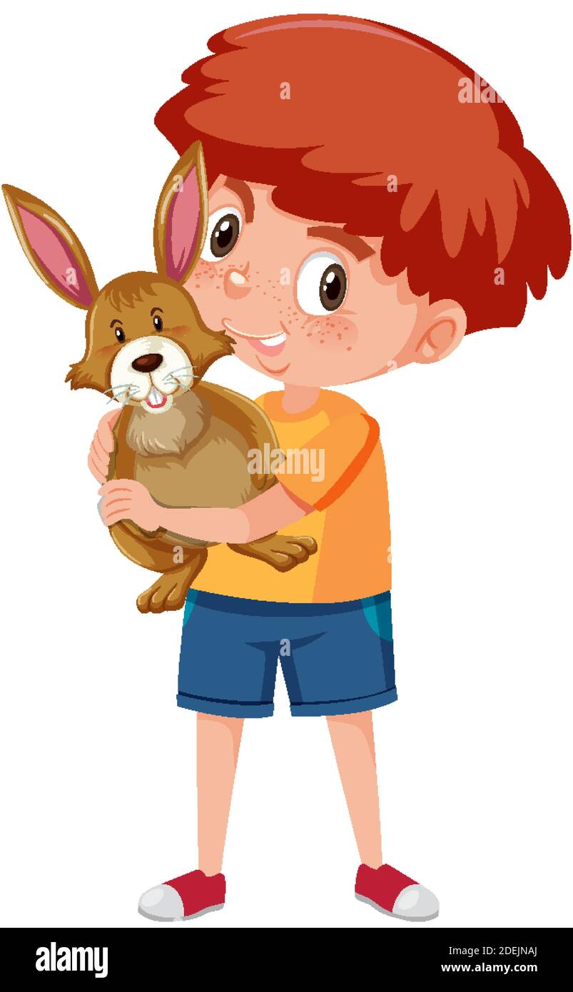 Boy holding cute animal cartoon character isolated on white background ...