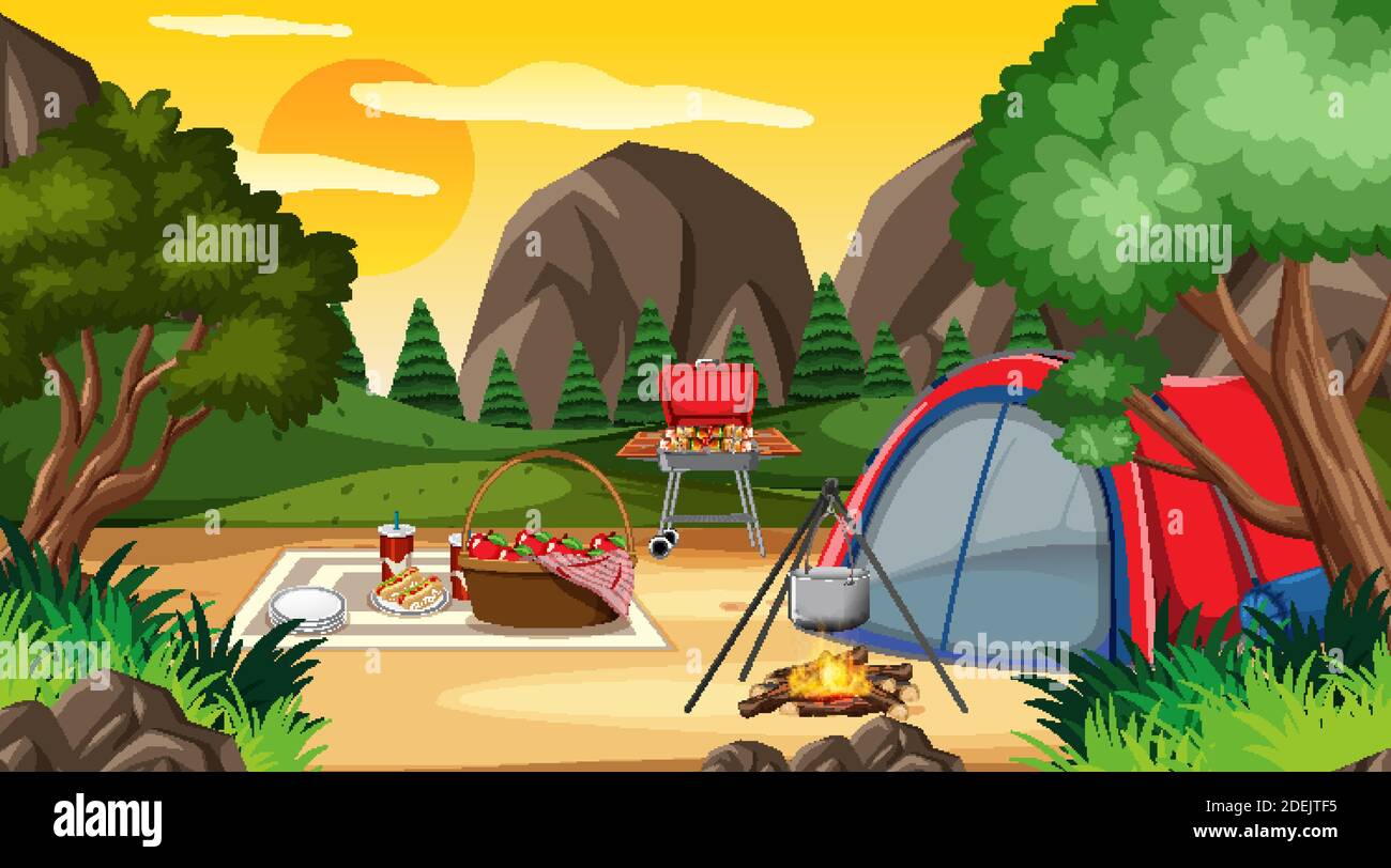 Camping or picnic in the nature park at daytime scene illustration ...
