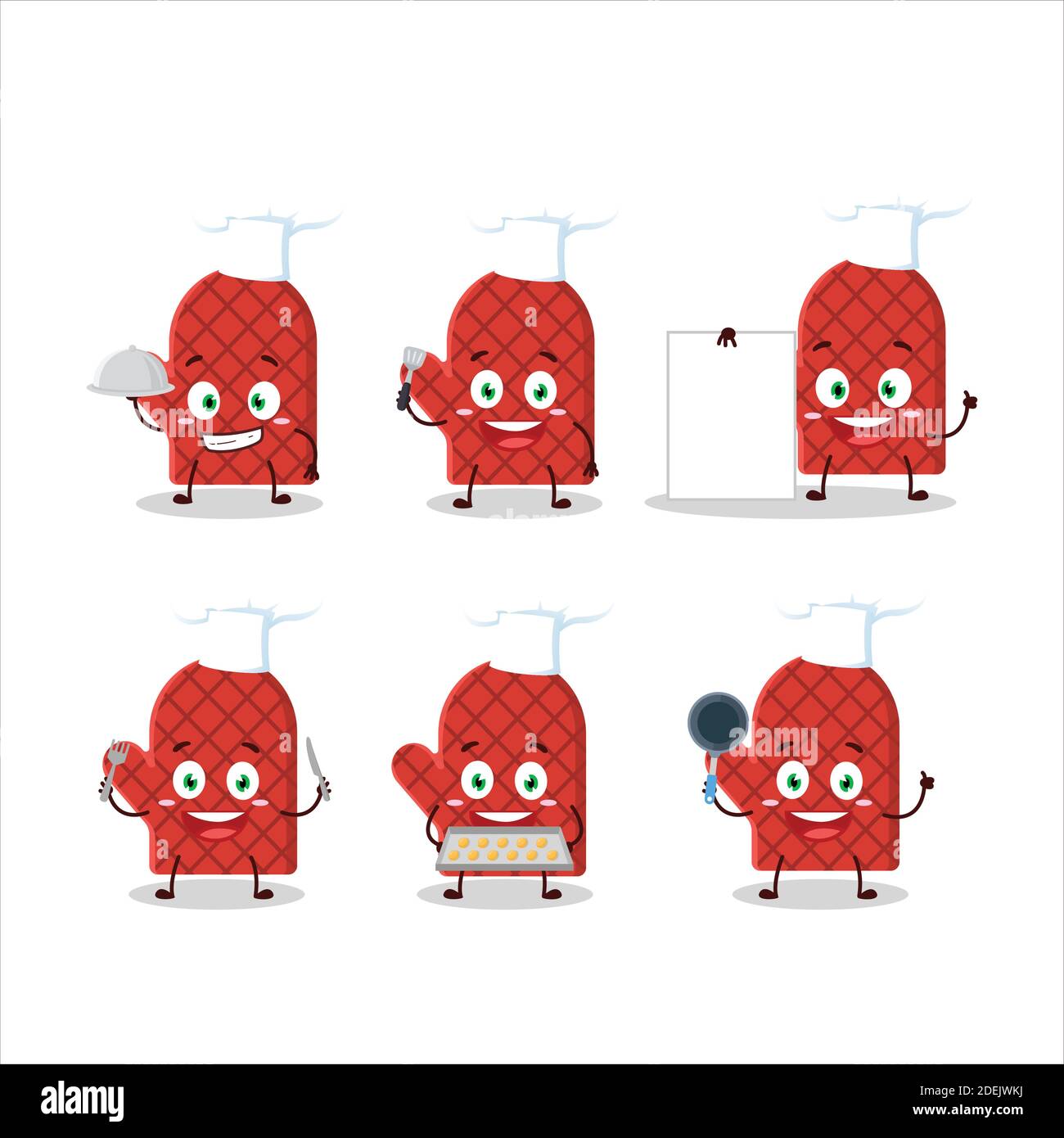 Cartoon character of oven mitt with various chef emoticons. Vector