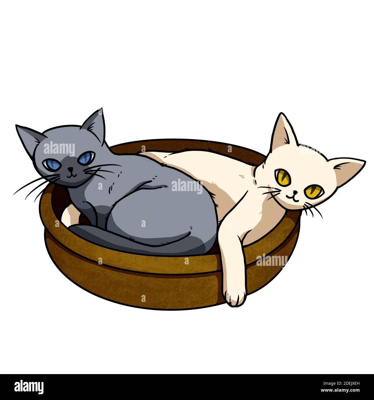 Two cats, white and black curled up in a basket. cartoon character for decoration in pet artwork advertising, clip art, textbook for small children. Stock Photo