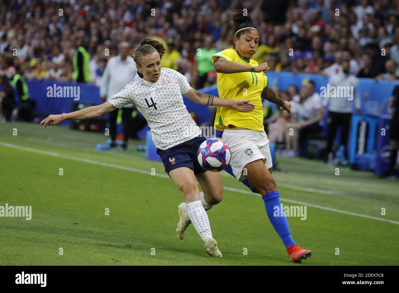France's Manon Torrent battling Brazil's Cristiane during FIFA Women's World Cup France group A match France v Brazil on June 23, 2019 in Le Havre, France. France won 2-1 after extra time reaching quarter-finals. Photo by Henri Szwarc/ABACAPRESS.COM Stock Photo