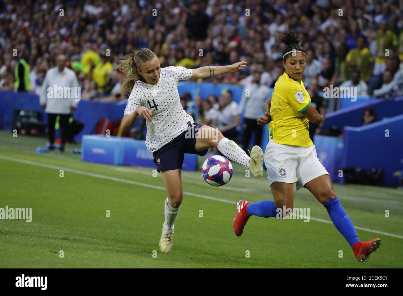 France's Manon Torrent battling Brazil's Cristiane during FIFA Women's World Cup France group A match France v Brazil on June 23, 2019 in Le Havre, France. France won 2-1 after extra time reaching quarter-finals. Photo by Henri Szwarc/ABACAPRESS.COM Stock Photo