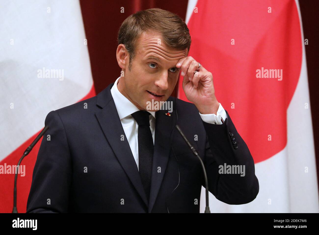 France's President Emmanuel Macron speaks during a joint press conference with Japan's Prime Minister Shinzo Abe in Tokyo on June 26, 2019. Photo by Ludovic MARIN / Pool / ABACAPRESS.COM Stock Photo
