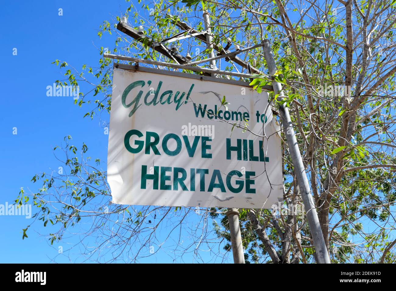 G'day Welcome to Grove Hill Heritage, a famous bush pub and museum in the Australian Outback, near Pine Creek, Northern Territory, NT, Australia Stock Photo